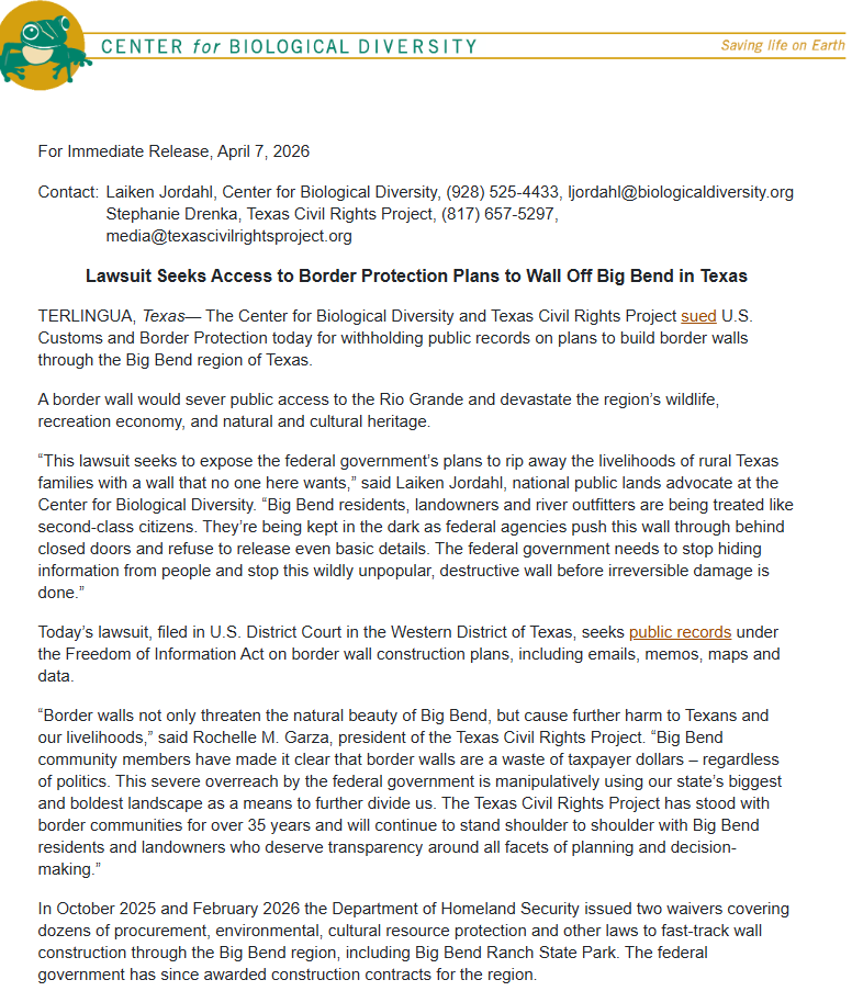 LaikenJordahl's tweet photo. BREAKING: we're suing CBP for hiding plans to wall off Big Bend.

Federal officials refuse to release the most basic details, leaving local communities, outfitters &amp; landowners in the dark. This wall would permanently destroy their livelihoods—and CBP won’t say a word to them. https://t.co/XCAYbLa0f6