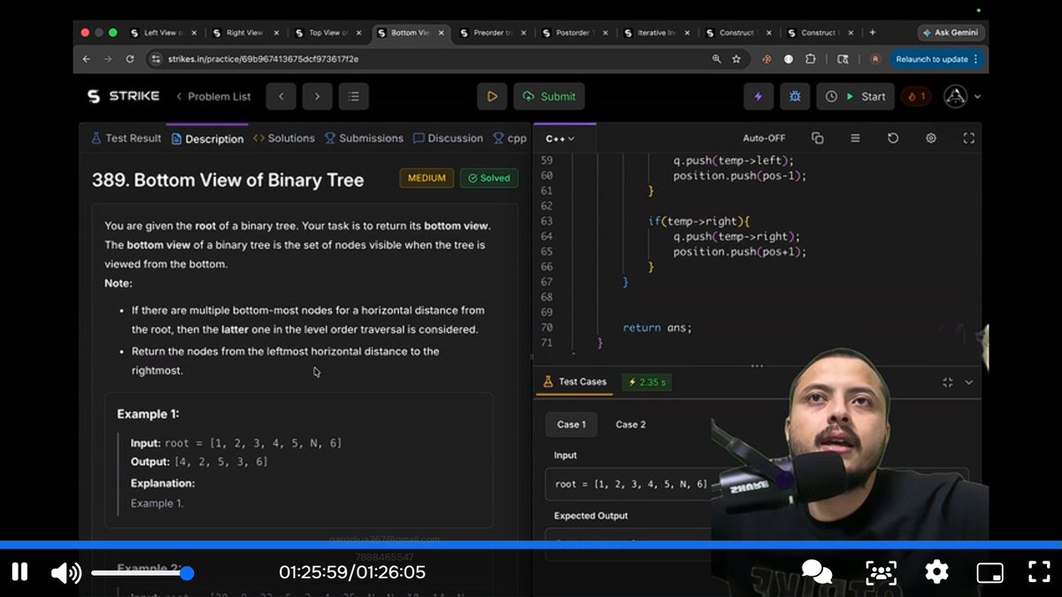 gargdiya367's tweet photo. #Lecture56 of STRIKE DSA by @rohit_negi9 
Today Problems Covered:-
1. Left view of Tree.
2. Right view of Tree.
3. Top view of Tree.
4. Bottom view of Tree.
5. Preorder, Inorder, Postorder Traversals (iterative).

#strikecoderarmy          #dsapractice
#codingproblems https://t.co/w0Kx77apDj