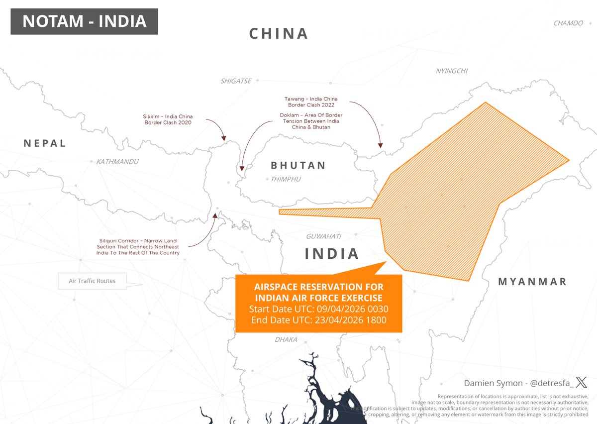 ConflictMatrix's tweet photo. 🚨 Just In 🚨

India issues NOTAM for a major exercise across its northeastern sector, near borders with , &amp; from April 9–23, 2026.

High-altitude readiness and rapid response drills expected in a strategically sensitive zone. 🇮🇳✈️ https://t.co/3s4ueUAdyt
