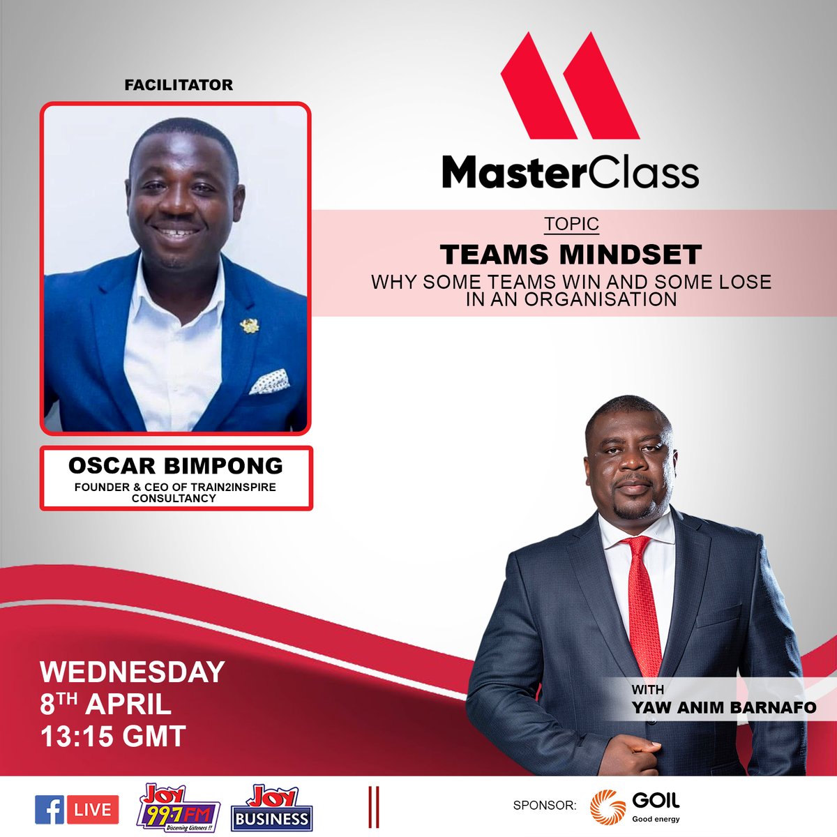 Joy997FM's tweet photo. Winning teams don’t happen by chance, they’re built on the right mindset.
This week on the #JBMasterclass, Oscar Bimpong breaks down why some teams thrive while others struggle.
Catch the session live at 1:15pm on air and online. https://t.co/Q2GZ8ErDul