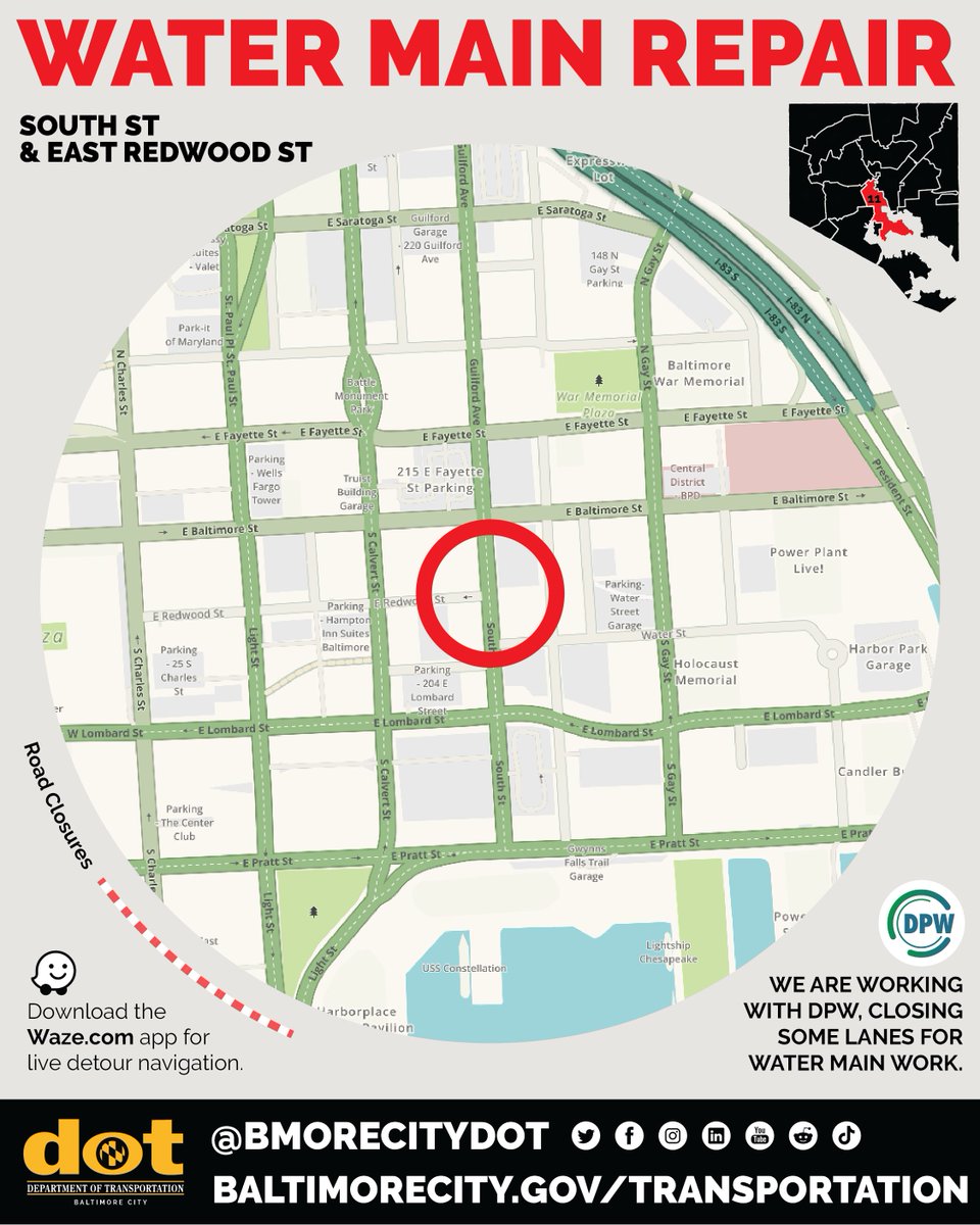 BmoreCityDOT's tweet image. 🚧 Heads up: lanes are closed at South St and E Redwood St while we work with DPW on an emergency water main repair. 
Expect delays in the area and plan accordingly.

📱 Download the Waze app at waze.com for live detour navigation.