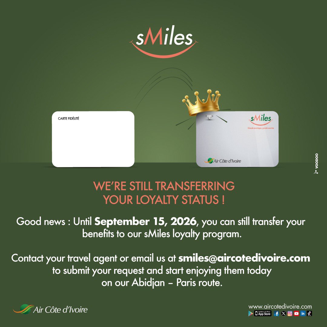 AirCI_Officiel's tweet image. Join the sMiles program while keeping all your usual benefits on our Abidjan-Paris route!

Submit your request now through your travel agent or at smiles@aircotedivoire.com

#aircôtedivoire #sMiles