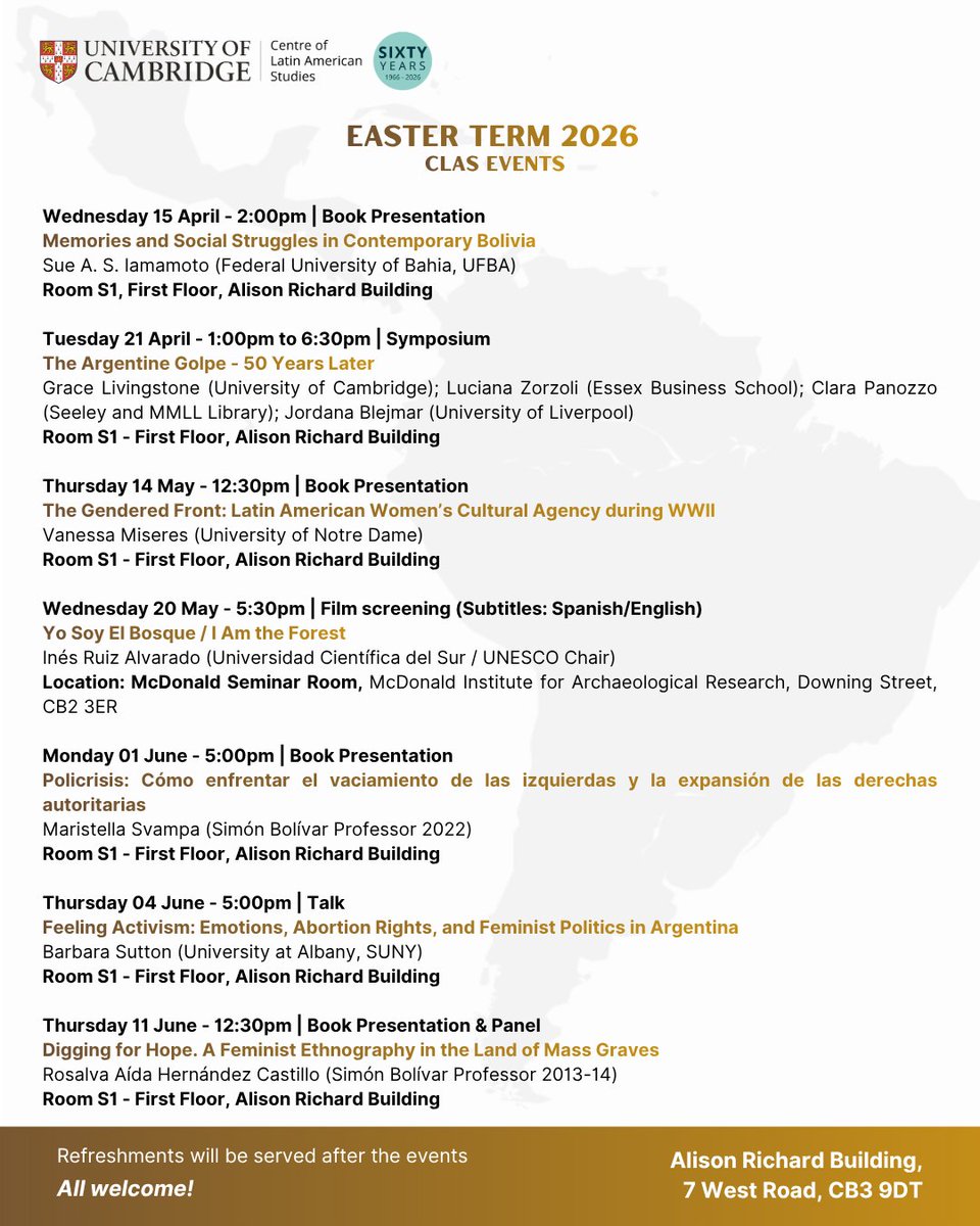 CLAS_Cam's tweet photo. 🌼 Easter Term at CLAS!

Talks, book presentations &amp; discussions on Latin America

📅 April–June
📍 Cambridge

Free &amp; open to all + refreshments

🔗 Full programme: https://t.co/1TC4d5D6cT

#CambridgeEvents #LatinAmericanStudies #CLAS60Years https://t.co/8iekMY1EU3