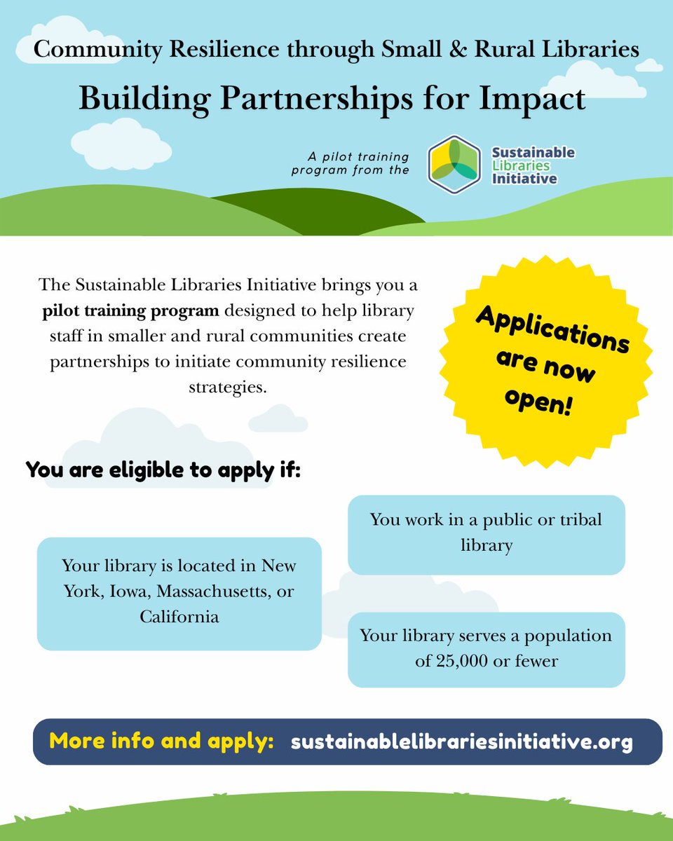 sustainablelib2's tweet photo. Applications are now open for Community Resilience through Small &amp; Rural Libraries: Building Partnerships for Impact! 👏🏼🌎💚

The grant will award $750 toward the accepted applicant’s library to support participation. 🌟🌱

Learn more: https://t.co/iIYGq1aq71 https://t.co/bIKM50ztlz