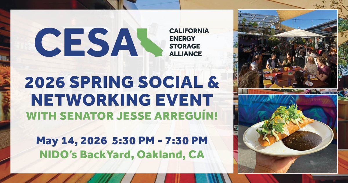 StorageAlliance's tweet photo. 🔋 Registration is open for the 2026 CESA Spring Social!

Join us May 14 in Oakland at NIDO’s BackYard + hear from Sen. Jesse Arreguín.

👉 https://t.co/1DjRkVxAJk
Sponsorships available.

#EnergyStorage #CleanEnergy #CESA https://t.co/8LQVTx6ghH