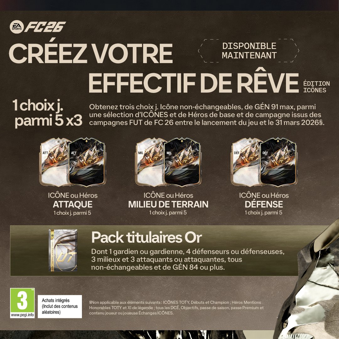 easportsfcfr's tweet image. Les ICÔNES ne se contentent pas de suivre le jeu. Elles le définissent.

Célébrez l'excellence avec l'édition #FC26 ICÔNES, qui comprend 3 joueurs légendaires non échangeables à sélectionner dans #FUT.

Lien disponible en commentaire 👇