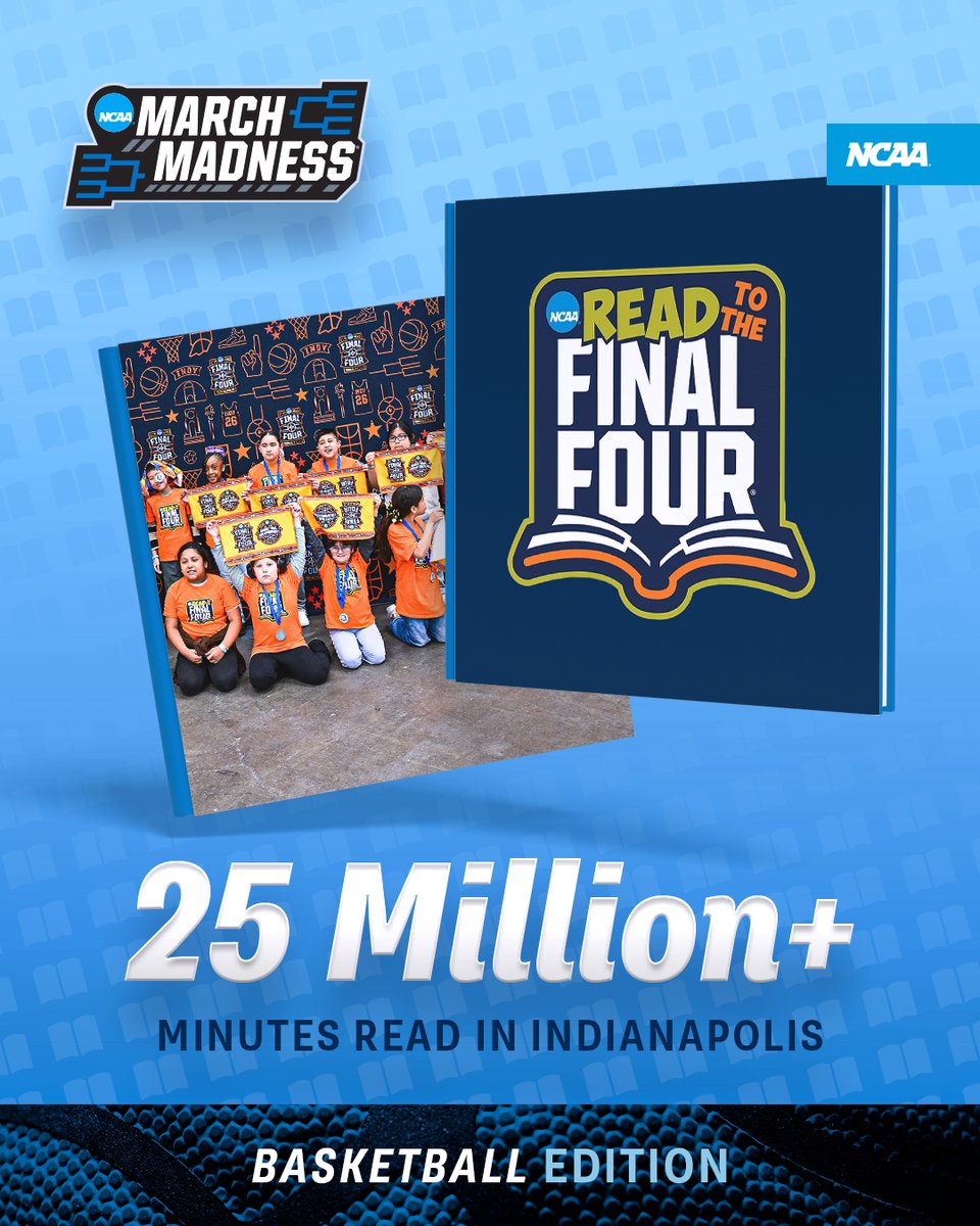 NCAA's tweet image. This year, schools in Indiana and Arizona participated in Read to the Final Four for @MFinalFour and @WFinalFour. Third graders in Indianapolis and the Phoenix area combined to read more than 46 million minutes! 📚🏀

#FinalFour | 🔗 on.ncaa.com/ReadtoFinalFour