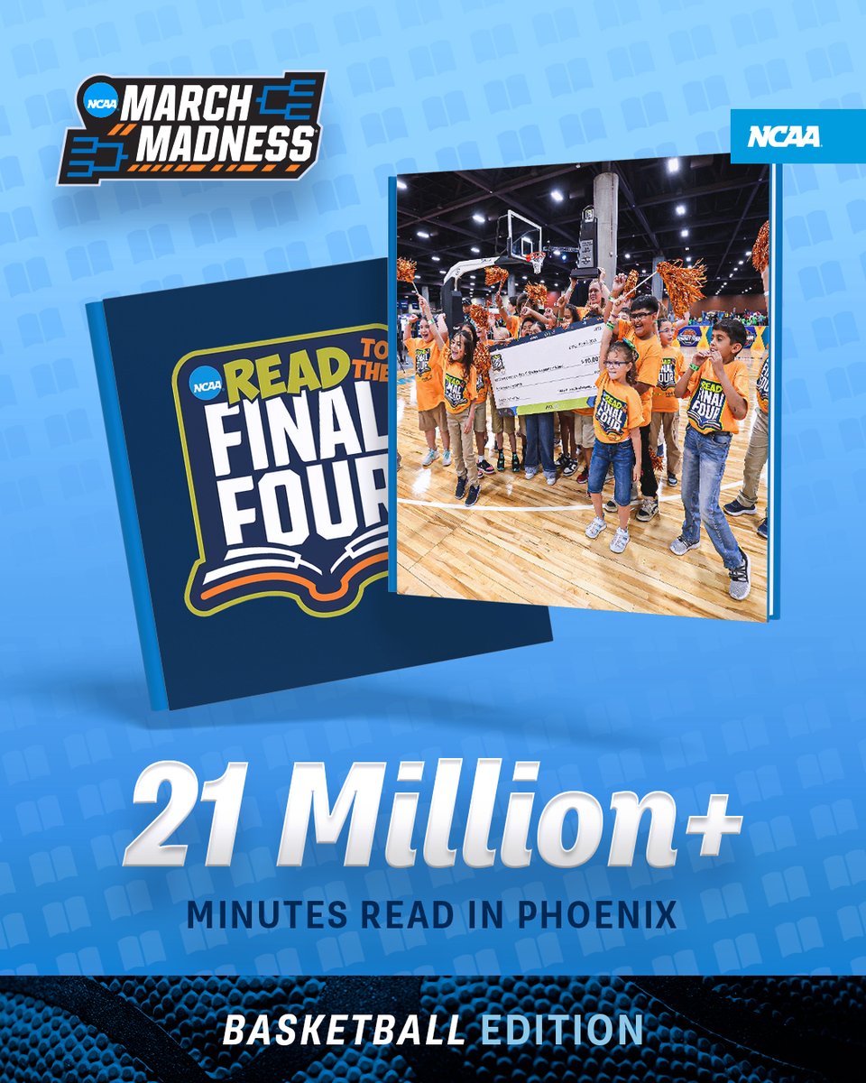 NCAA's tweet image. This year, schools in Indiana and Arizona participated in Read to the Final Four for @MFinalFour and @WFinalFour. Third graders in Indianapolis and the Phoenix area combined to read more than 46 million minutes! 📚🏀

#FinalFour | 🔗 on.ncaa.com/ReadtoFinalFour