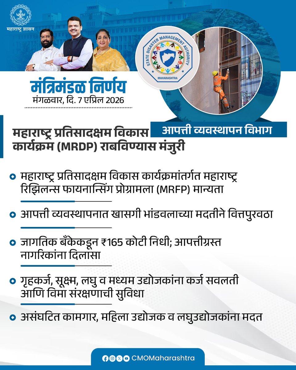 CMOMaharashtra's tweet photo. मंत्रिमंडळ निर्णय : आपत्ती व्यवस्थापन विभाग

@Dev_Fadnavis
#Maharashtra #DevendraFadnavis #मंत्रिमंडळनिर्णय #CabinetDecision