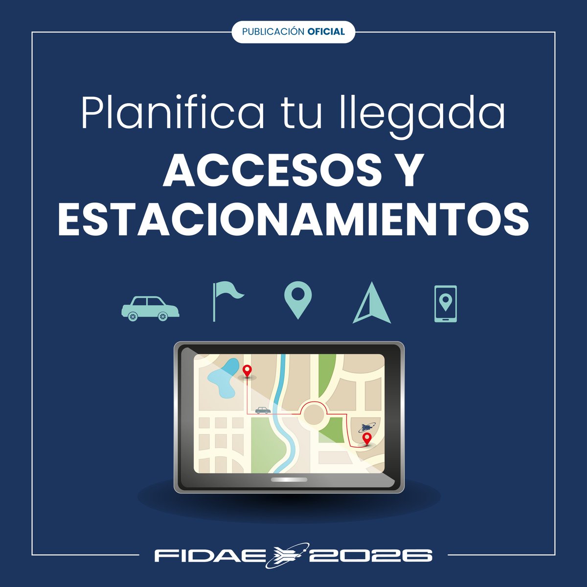 FIDAE_OFICIAL's tweet image. ¡Planifica tu ruta para no perderte nada! 🚁✨ #FIDAE2026 ✅
Recordar
- Estacionamientos externos Sábado y Domingo
- Red móvil y buses de acercamiento Sábado y Domingo