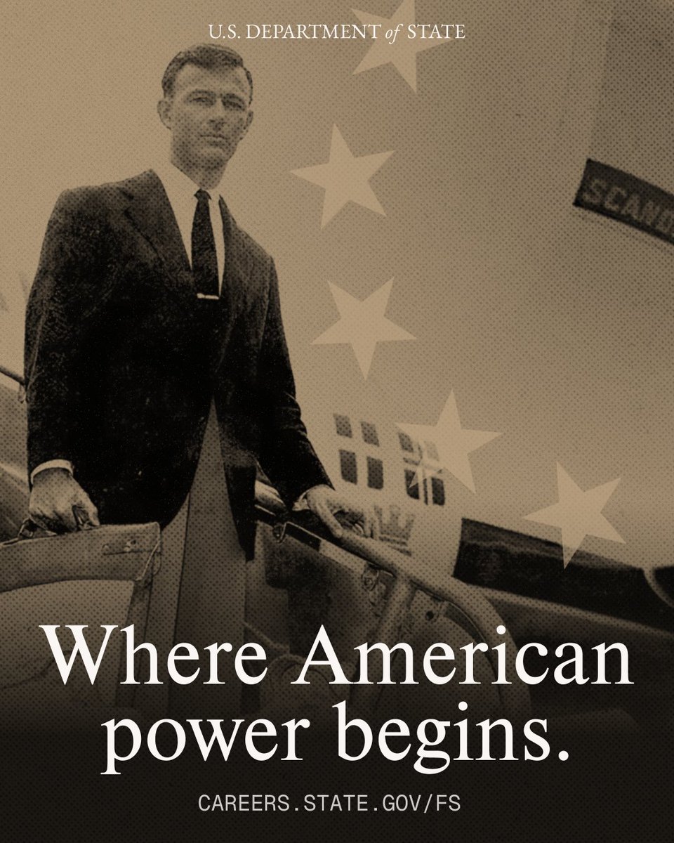 StateDept's tweet image. U.S. Foreign Service Officers represent America in embassies, foreign capitals, and halls of power across the globe.

The U.S. Foreign Service is where America's power and prestige begin.

Careers.State.Gov/FS