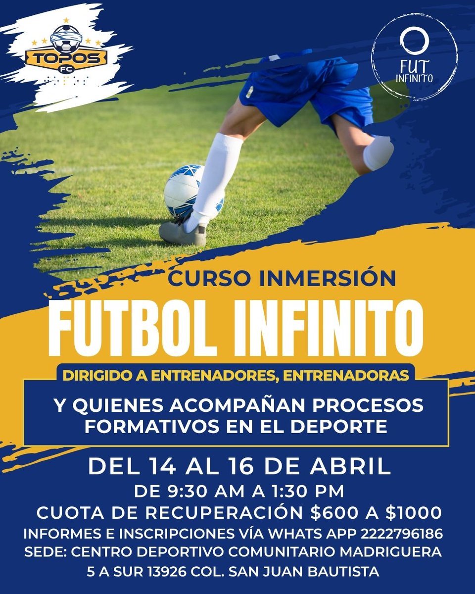 ToposFCPuebla's tweet photo. ⚽🟡⚫️ ¡Atención entrenadores y entrenadoras!
Topos FC te invita a vivir el proceso de formación con nuestros amigos y amigas de Fut Infinito, en nuestra casa, La Madriguera. Un espacio donde el juego es una herramienta real de formación. https://t.co/veikTxtxig