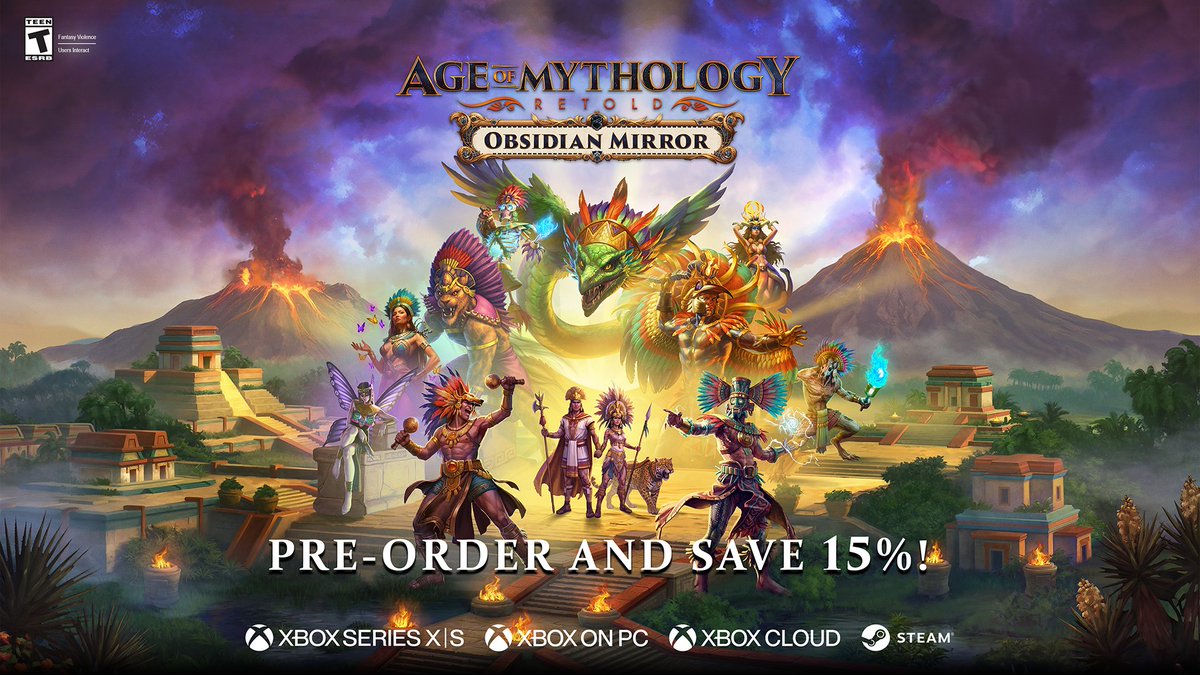 Ageofmyth's tweet image. Command the Aztec gods and shape destiny in Age of Mythology: Retold – Obsidian Mirror launching April 21st. 🪞 

Experience the new 12 mission campaign and dominate the battlefield through the wrath of three new major gods: Quetzalcoatl, the feathered serpent, Tezcatlipoca, the