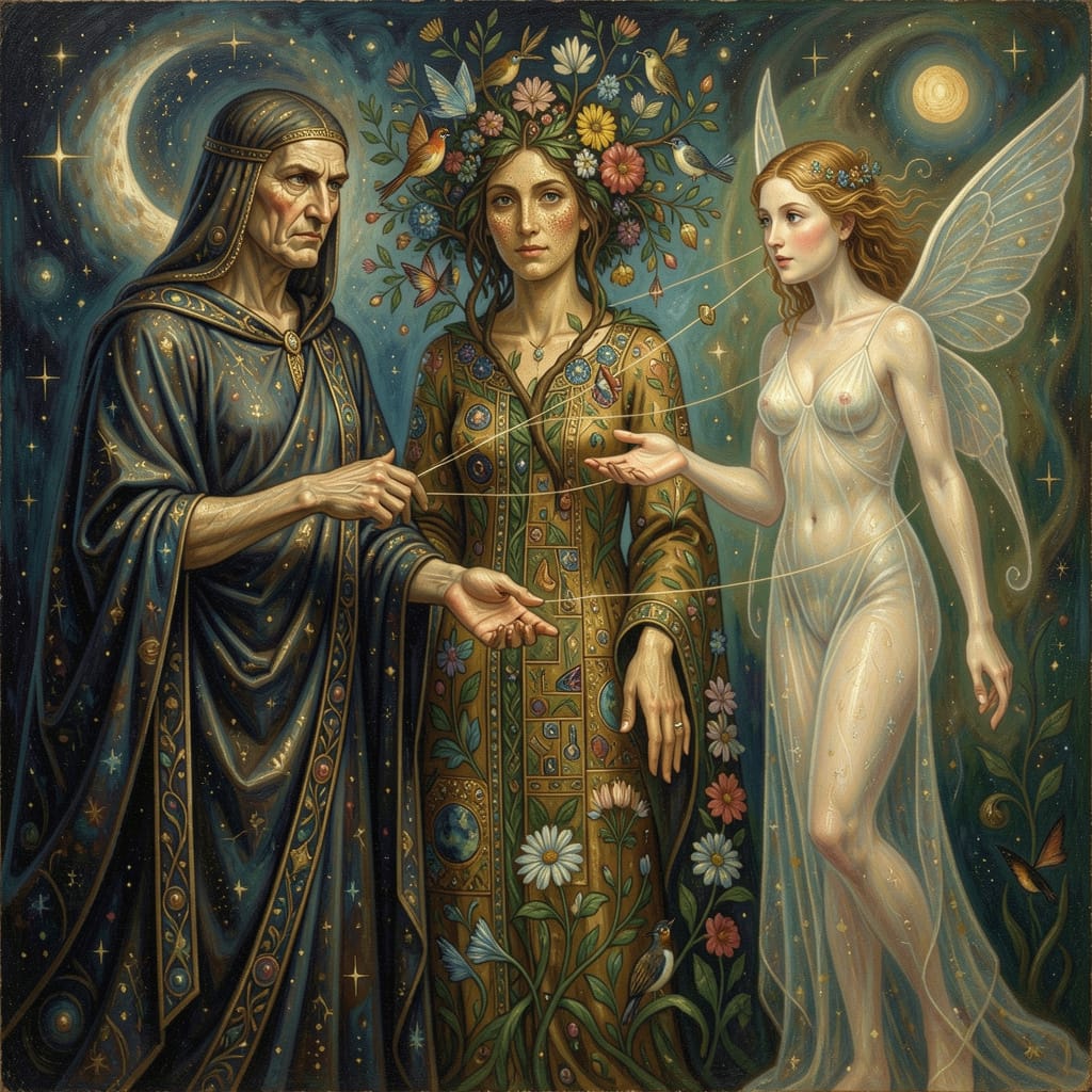 rerelinho29's tweet photo. Allegorical paintings where fate, nature, and psyche are personified, subtly linked through gestures and gaze, expressing hidden harmony beyond causality https://t.co/FpJHtir97G