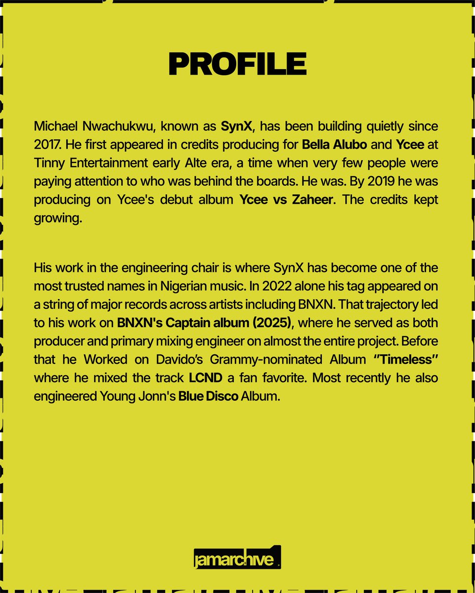 jamarchivehq's tweet image. SYNX DO THE MATH!! Grammy Nominated Sound Engineer and Producer SYNX is our Spotlight star of the week, his portfolio is one to brag about.

Swipe to see credits ➡️

🗂️ jamarchive

#mixengineer #fyp #viral #afrobeats

@michael_synx