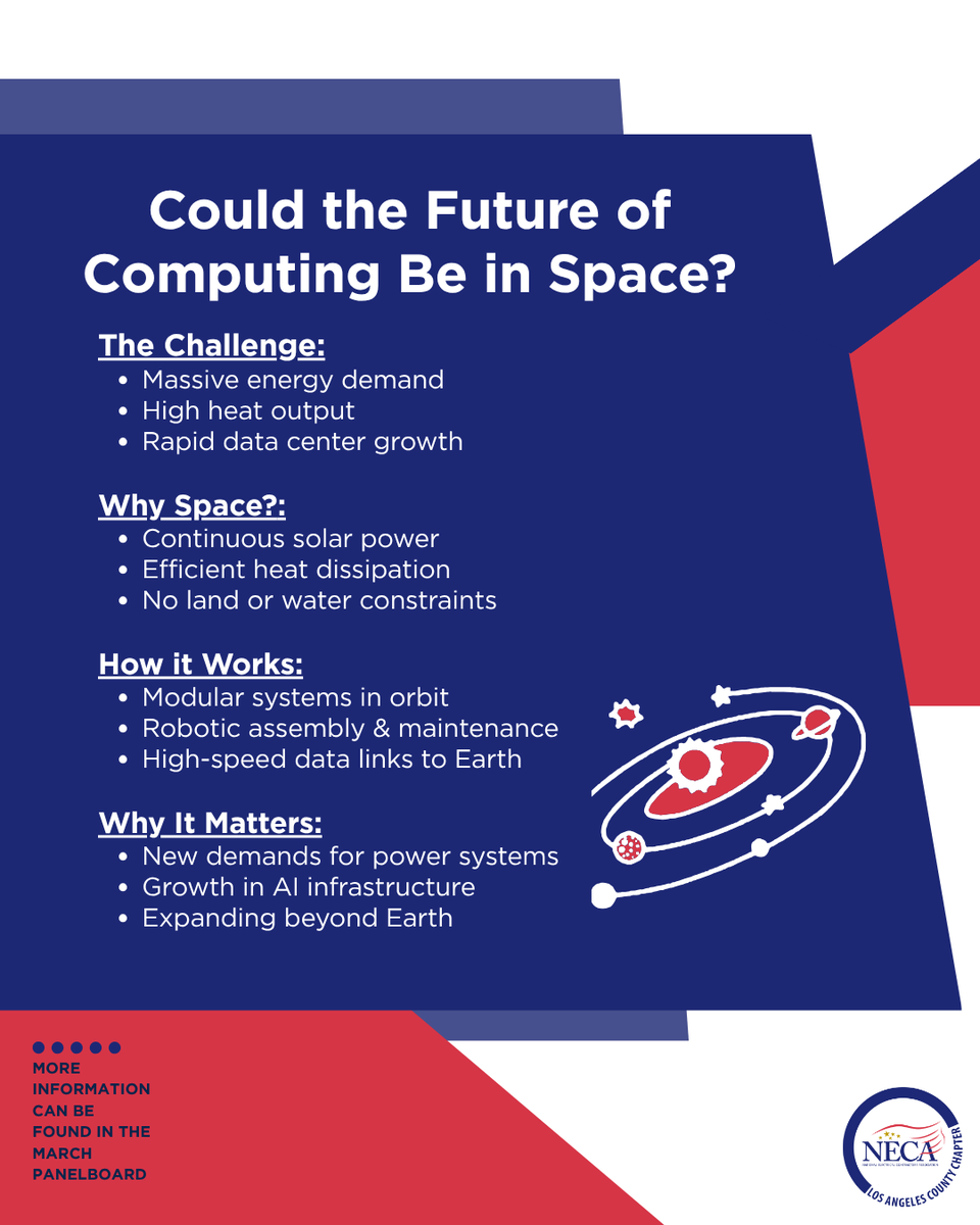 losangelesneca's tweet image. AI demand is exploding and it’s changing how we build. ⚡️
The future of computing may expand beyond Earth… but it still starts with us.

#ElectricalIndustry #ConstructionInnovation #AI #NECA #WeAreNECA