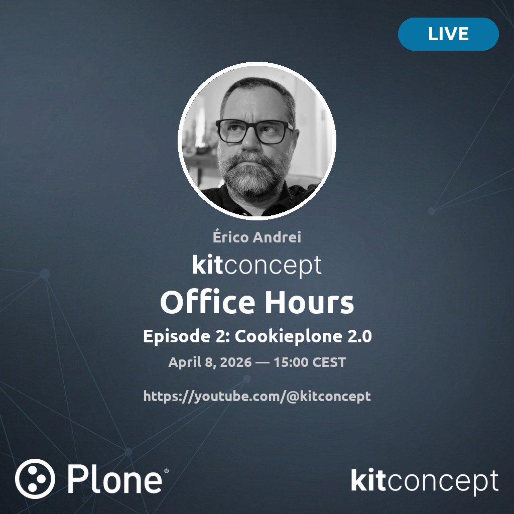 kitconcept_gmbh's tweet photo. kitconcept Office Hours #2 this Wednesday! 🎬
@ericof covers Cookieplone 2.0 — the latest on the #Plone project scaffolding tool, fresh from the Bucharest Sprint.
📅 Apr 8 — 15:00 CEST / 13:00 UTC 🔴 https://t.co/ocRenSBnYl https://t.co/m2SqV3ovrQ
