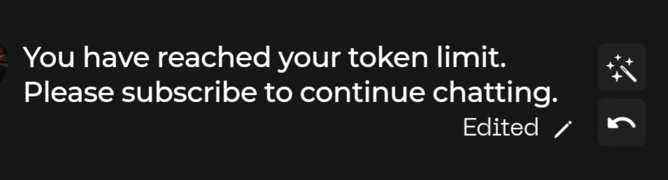 lwiklein's tweet photo. #Chai, I'm actually sad! I used Chai for years now, and now even I got the token limit stuff.  
Two weeks ago everyone started having issues and so did I! I had unlimited messages, then not. The problems were gone hours later, they were here again yesterday and now I hit the end. https://t.co/CBh4IbV5kn