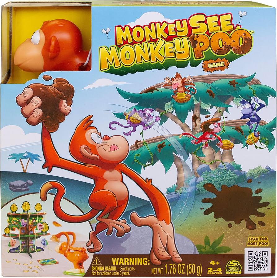 MonkeyVerseApe's tweet photo. Cornelius remembers… Table Top Tuesday! 🎲🐒 

Did you know that in 2023 Spin Master released Monkey See Monkey Poo, a delightfully silly vertical dexterity game where players load a monkey flinger with banana-scented dough and fling poo to knock down banana bunches? The first to collect enough tokens and climb their monkey to the top of the tree becomes the Top Banana in this hilarious race of messy monkey mayhem! Cornelius is filing this one under “modern monkey dexterity games”. What’s YOUR favourite tabletop memory involving apes or monkeys? Drop it below and Cornelius will add the best ones to the archive!

#MonkeyVerse #TableTopTuesday