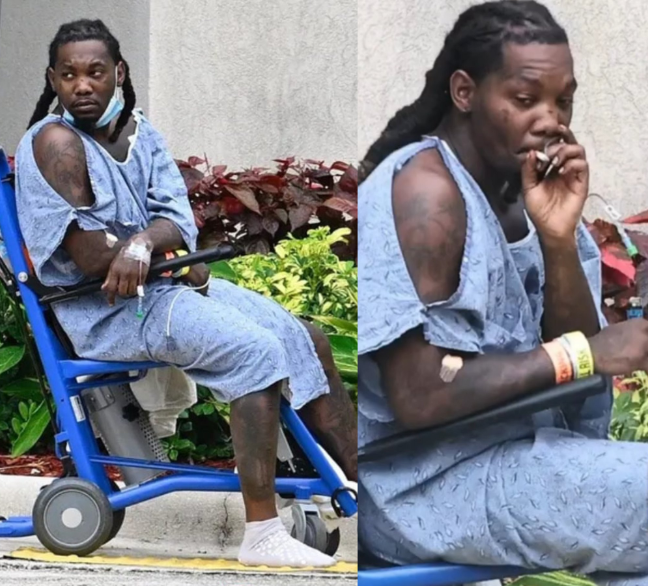 RareBonkers's tweet image. First photos of #Offset since the shooting, catching a smoke outside the hospital