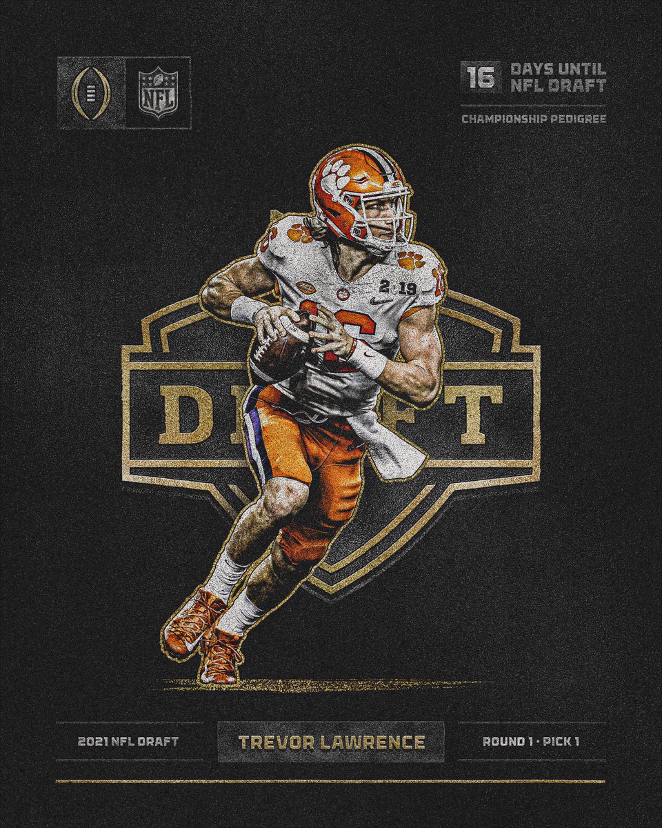 CFBPlayoff's tweet image. 1️⃣6️⃣ days until the NFL Draft🏆

2019 CFP National Champion Trevor Lawrence was selected by the Jacksonville Jaguars with the No. 1 overall pick in the 2021 NFL Draft. Lawrence is one of four CFP National Champions to be selected No. 1 overall. 

#CFBPlayoff x #NFLDraft