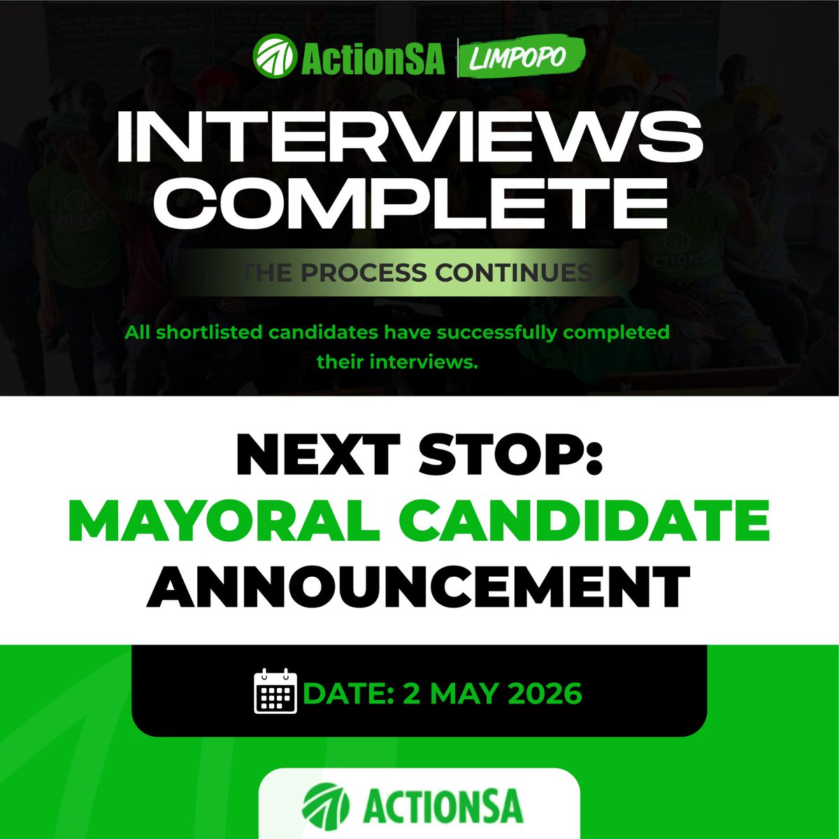 ActionSA_LP's tweet image. The interview sessions for the Mayoral candidates for Giyani, Molemole, Makhuduthamaga, Collins Chabane, and Polokwane have concluded successfully. The official announcement is scheduled for May 2, 2026, at Jack Botes Hall, Polokwane. See you there! 👋 #Interviews #Candidates