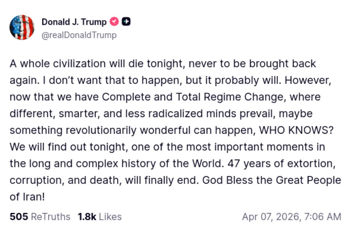 Will be on <a href="/AmericaRpts/">America Reports</a> 
to discuss the #IranWar deadline and #Trump unconscionable post that 
“A whole civilization will die tonight” 
I am sure that JAG officers are working with military officers to make sure we abide by the laws of war aligned with the Geneva Convention 🙏