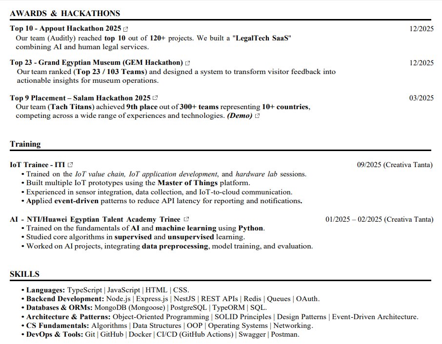 BahiHabash's tweet image. Backend - Node.JS

- انترن تلاقي
- شغل برودكشن تلاقي
- بروبلم سولفنج تلاقي
- مسابقات وهاكاثونز تلاقي
- بيرسونال بروجيكت تلاقي
- استخدام لل AI, MCP servers تلاقي
- اهتمام بتفاصيل البيزنس تلاقي 
- معنديش مشكلة أتعلم أي Stack تاني 

يارب ألاقي شغل 

drive.google.com/file/d/1KOrLx6…