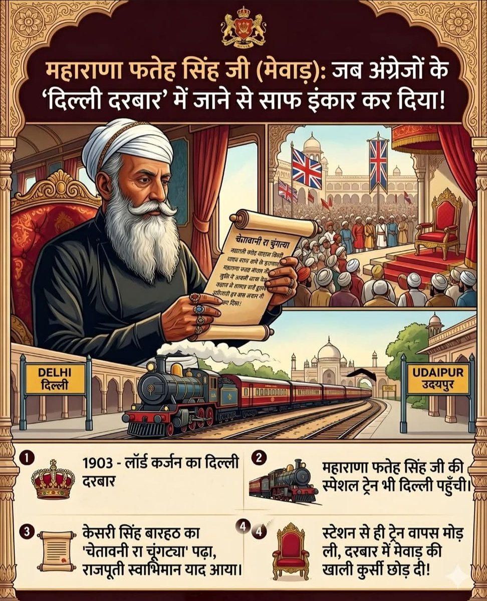 follo____me's tweet photo. 1903 में लॉर्ड कर्जन ने दिल्ली में एक विशाल दरबार लगाया, जहाँ हिंदुस्तान के सभी राजाओं को बुलाया। मेवाड़ के महाराणा फतेह सिंह जी की स्पेशल ट्रेन भी दिल्ली पहुँची। लेकिन जब उन्होंने केसरी सिंह बारहठ का लिखा 'चेतावनी रा चूंगट्या' (राजपूती स्वाभिमान याद दिलाने वाले दोहे) पढ़ा, https://t.co/HnNSQP1JCu