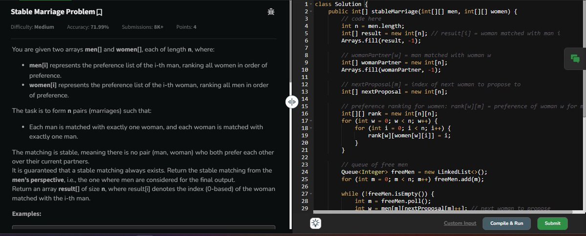 pednekar_09's tweet photo. Gemini said
Day 49 of #geekstreak60! ✅

Today’s problem: "Stable Marriage Problem" on @geeksforgeeks. 💍

Powered by @NPCI_NPCI. 🚀💻

#npci #geeksforgeeks #coding #POTD #DSA #StableMarriage #AlgorithmHumor https://t.co/Zsr1SvWwj4