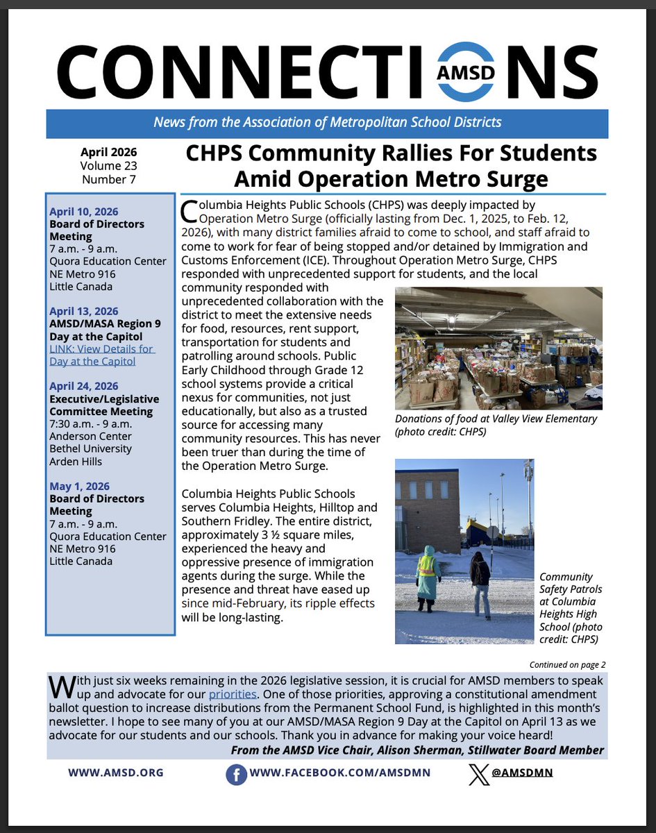 amsdmn's tweet photo. Our April edition of Connections is now available!
  • Columbia Heights Public Schools Community Rallies For Students Amid Operation Metro Surge
  • AMSD Urges Legislature to Amend Constitution to Increase Permanent School Fund Payments

Read it here: https://t.co/XOcrLzb5om https://t.co/uwuVYmPsN1