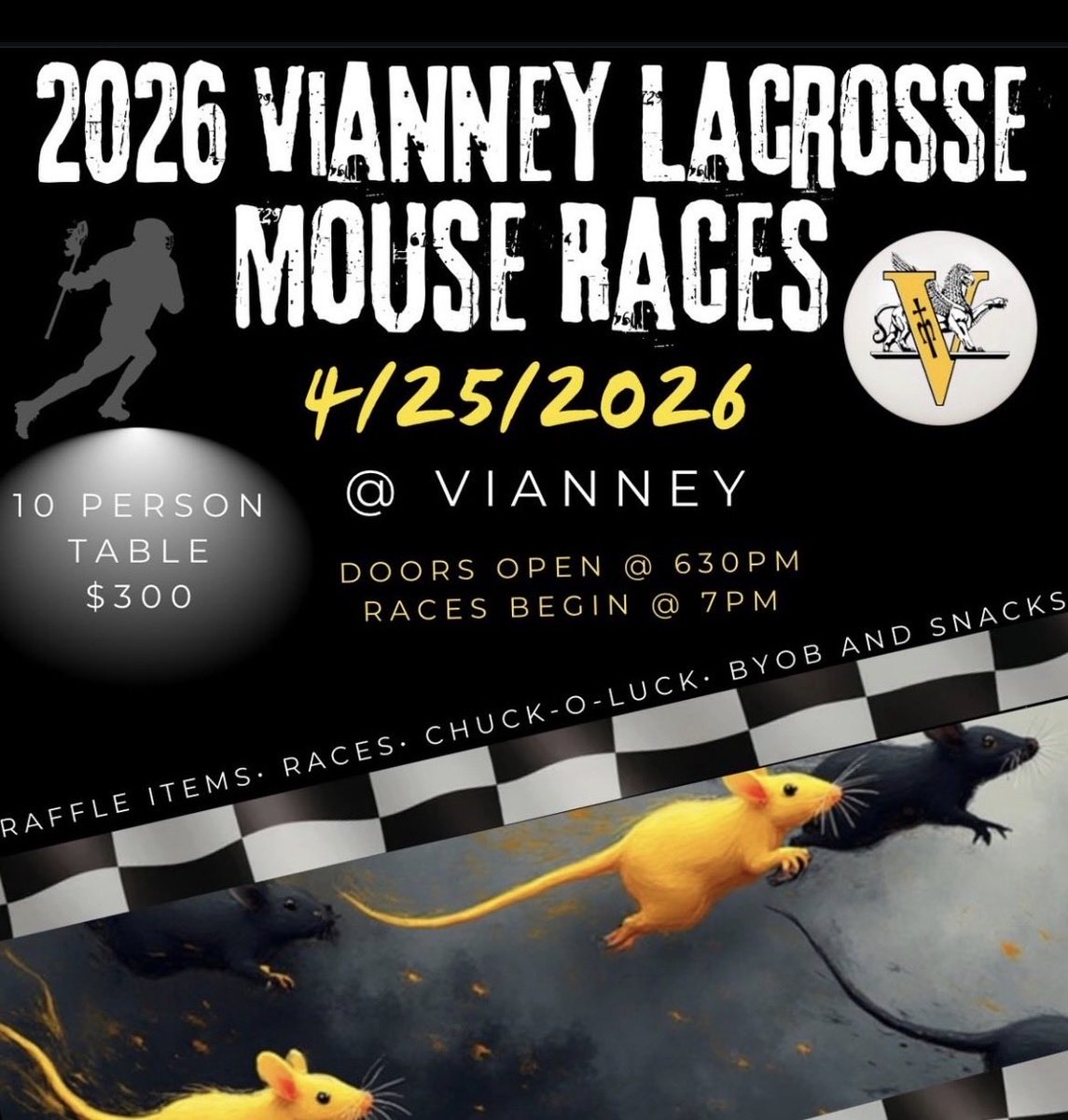 VianneyLacrosse's tweet photo. Calling all @vianneygriffins alumni!!
The VIANNEY LACROSSE MOUSE RACES are coming up and tables are available.

Register here:

https://t.co/6verzmOxsK https://t.co/JEWpJEHwr2