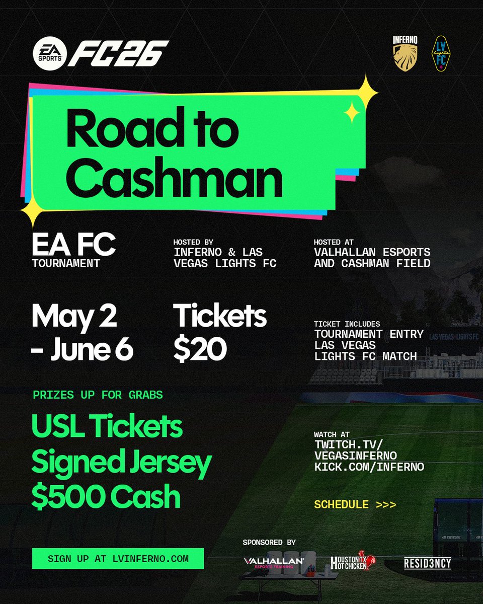 InfernoCulture's tweet photo. 🚨 Road to Cashman is HERE! 🔥
@EASPORTSFC Tournament – May 2nd to June 6th! 
This is your chance to compete, have fun, and win cash!

🎮 Qualifiers every Saturday starting May 2nd 
🏆 Semi-Finals • Championship at Cashman Field on June 6th 
💰 $20 entry (Include match tickets to the USL Match)
💸Prizes include @USLChampionship Tickets, Signed Jersey & $500 Cash powered by @htxhotchicken 

Bring the whole family, adults and kids are both welcome to sign up and play!

📍 Hosted by Inferno & @lvlightsfc  
📍 Qualifiers at @ValhallanVegas  | Finals at Cashman Field
👉 Sign up NOW at https://t.co/zIkzD51oeZ

Who’s locking in their spot? Drop a 🔥 if you’re in! Tag your squad 👇