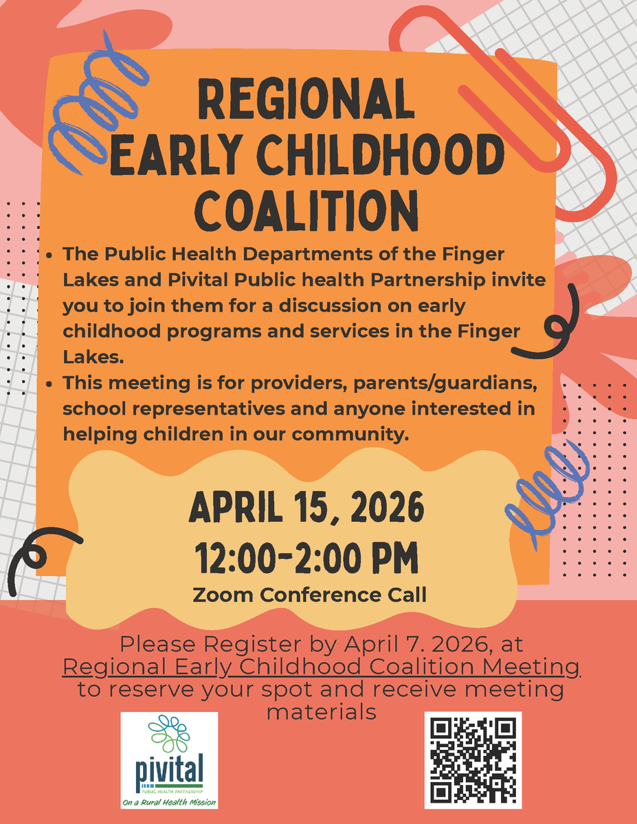 SenecaCountyDOH's tweet photo. The Public Health Departments of the Finger Lakes and Pivital Public health Partnership invite you to join them for a discussion on early childhood programs and services in the Finger Lakes.
To register, Click here: https://t.co/tc4XXxxxuW https://t.co/oF7y1AN72F
