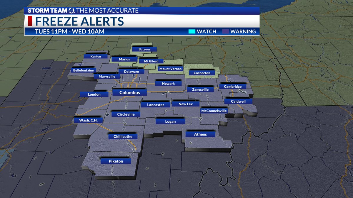 A new round of freeze warnings has been issued for most of central Ohio starting at 11pm tonight until 10am Wednesday. Overnight lows are going to fall into the mid-upper 20s across the region. Keep those sensitive plants safe.