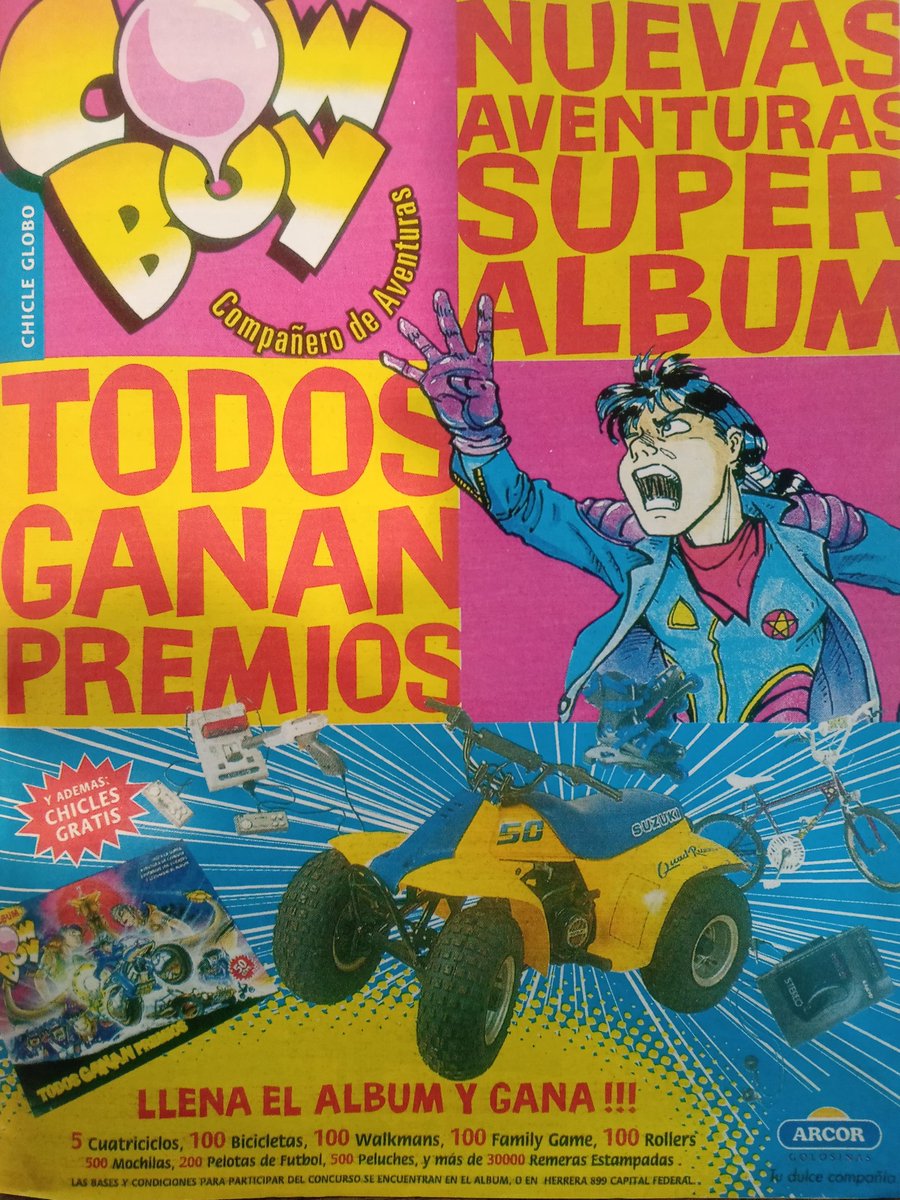 El álbum de figuritas de chicles Cowboy era demasiado ondero. Me siguen sorprendiendo sus premios: cuatriciclos, bicicletas, Family Game, de todo. ¿Quién habrá ganado todo eso? Y algo importante: ¿quién estaba detrás de esos dibujos increíbles? Salió en Billiken en julio de 1996.