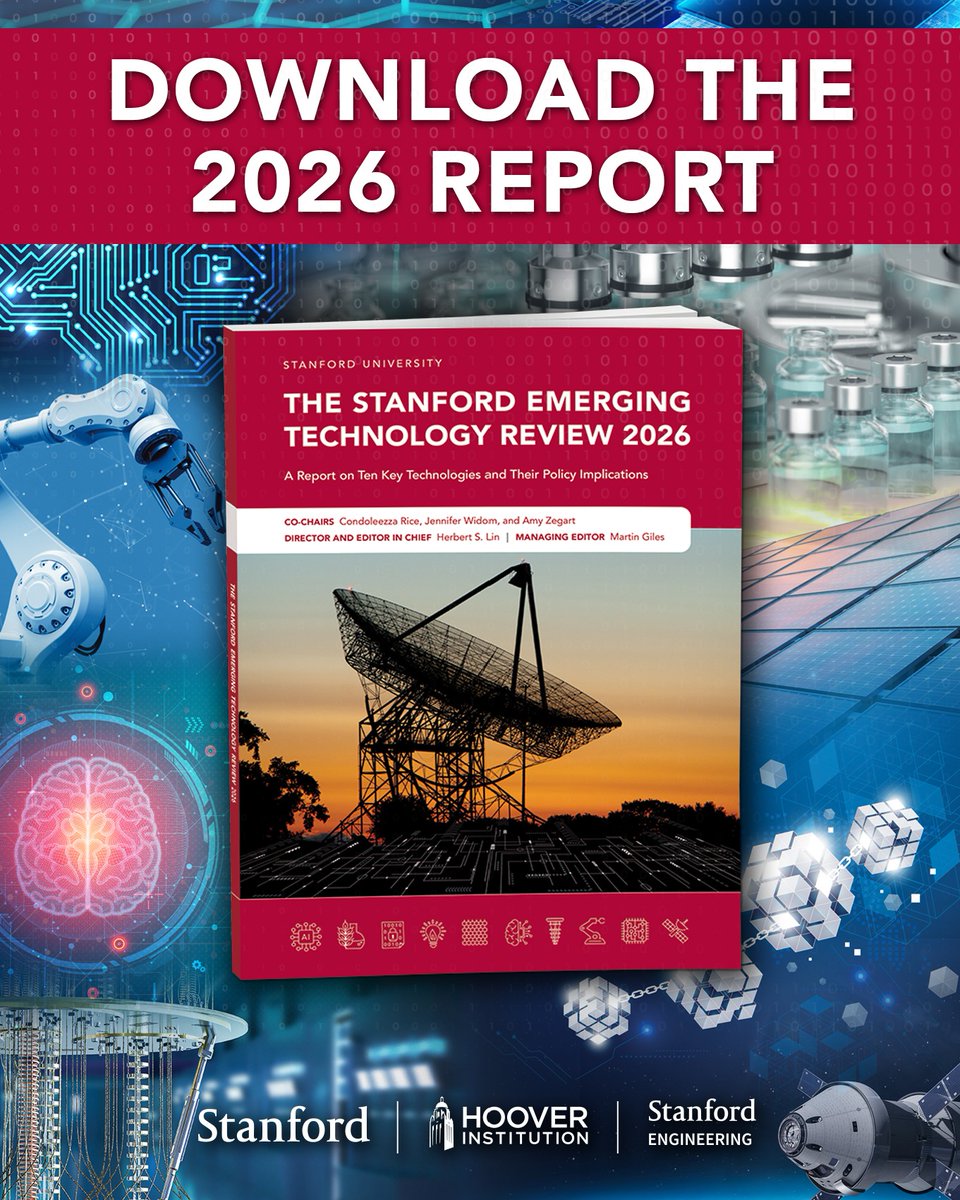 HooverInst's tweet photo. If you're not tracking these 10 technologies, you're already behind. Semiconductors. Robotics. Energy. Quantum. Space. One free 2026 report breaks them all down—with the policy implications nobody's talking about. Grab it here: