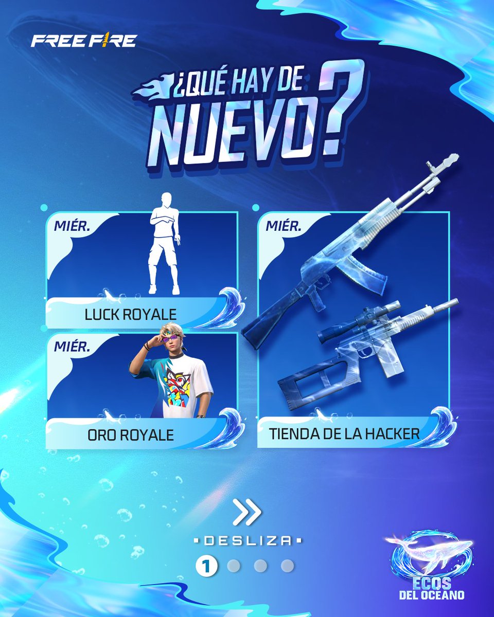 freefirelatino's tweet image. 📕 ¡LA #AGENDASEMANAL ESTÁ AQUÍ! 📕

🌊Los #EcosDelOceano se escucharán a lo lejos con la AN94 y la VSK94.
Aterriza rompiendo las olas con una Coreografía Oceánica y haz que cada entrada sea imposible de ignorar.
#FreeFire