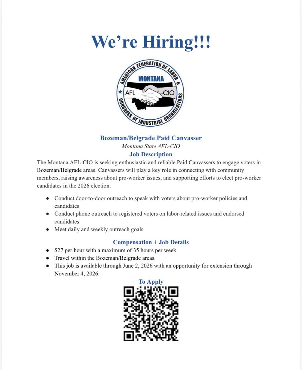 MTaflcio's tweet photo. 📢WE’RE HIRING!📢
The MT AFL-CIO is hiring! We’re seeking Paid Canvass Leads in the Great Falls, Butte, Deer Lodge, and Anaconda areas, as well as Paid Canvassers in Great Falls, Butte, Deer Lodge, Anaconda, Bozeman, and Belgrade.
Please like and share to help spread the word! https://t.co/ZTIu2So1bC