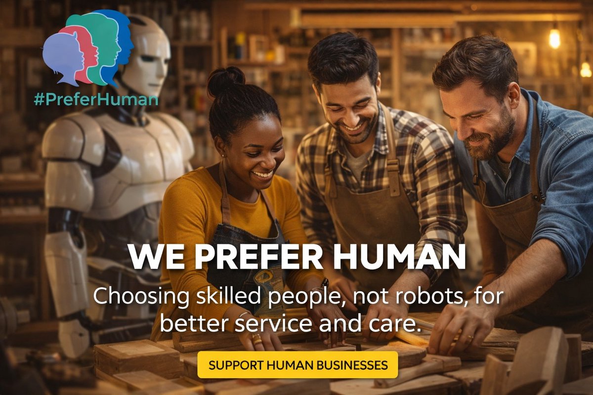 PreferHuman's tweet photo. Not everything should be automated 🤖❌
We choose people, passion, and purpose ❤️

#PreferHuman #NoToRobots #HumanOverAI #PeopleOverProfit #SupportCreators #HandmadeWithLove #AuthenticWork #HumanConnection #DigitalVsHuman 🚀💡 https://t.co/ZLwDnhmdLI
