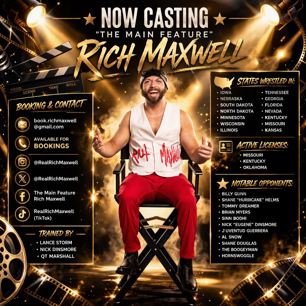 RealRichMaxwell's tweet photo. ⭐️🎬CAST THE MAIN FEATURE ON YOUR WRESTLING SHOW!!⭐️🎬

I’ve been around the wrestling world for awhile now. I have learned from a lot of smart &amp; talented people.

Reliable ✅
Easy to work with ✅
Highly Entertaining✅
Regular Gear Washer That Smells Incredible ✅ https://t.co/IzfC2h0Gvg