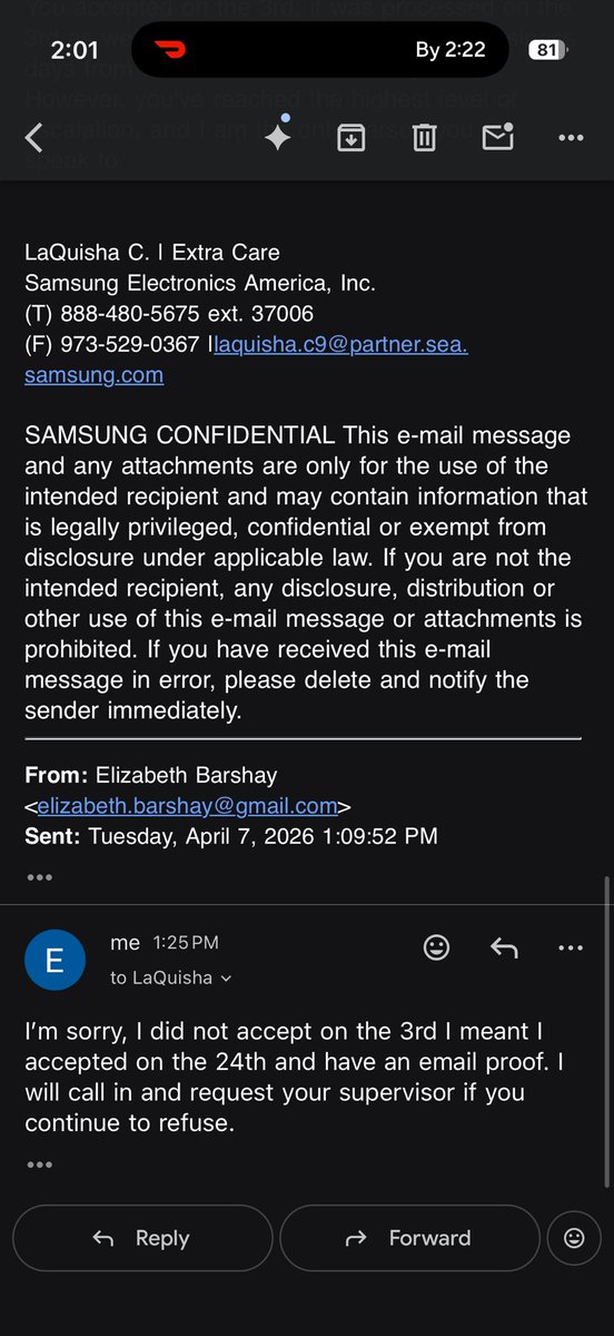 ElizabethB53223's tweet photo. Day 14 since my offer and still no refund. My new case worker refuses to escalate me to her supervisor and my case has been delayed due to their own staffing issues. @SamsungMobileUS #CustomerComplaint #CustomerRights https://t.co/d2wcMtChXa