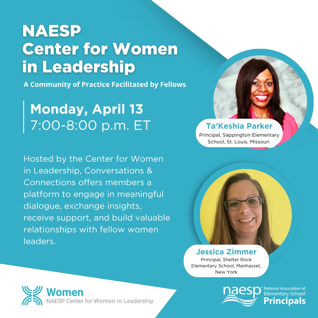 NAESP's tweet image. Join us Monday, April 13 | 7–8 p.m. ET for the April Women Leading Together Meetup hosted by the @NAESP Center for Women in Leadership! Connect, exchange insights, receive support, and build meaningful relationships with fellow women #edleaders.

Register: naesp.org/event/women-le…