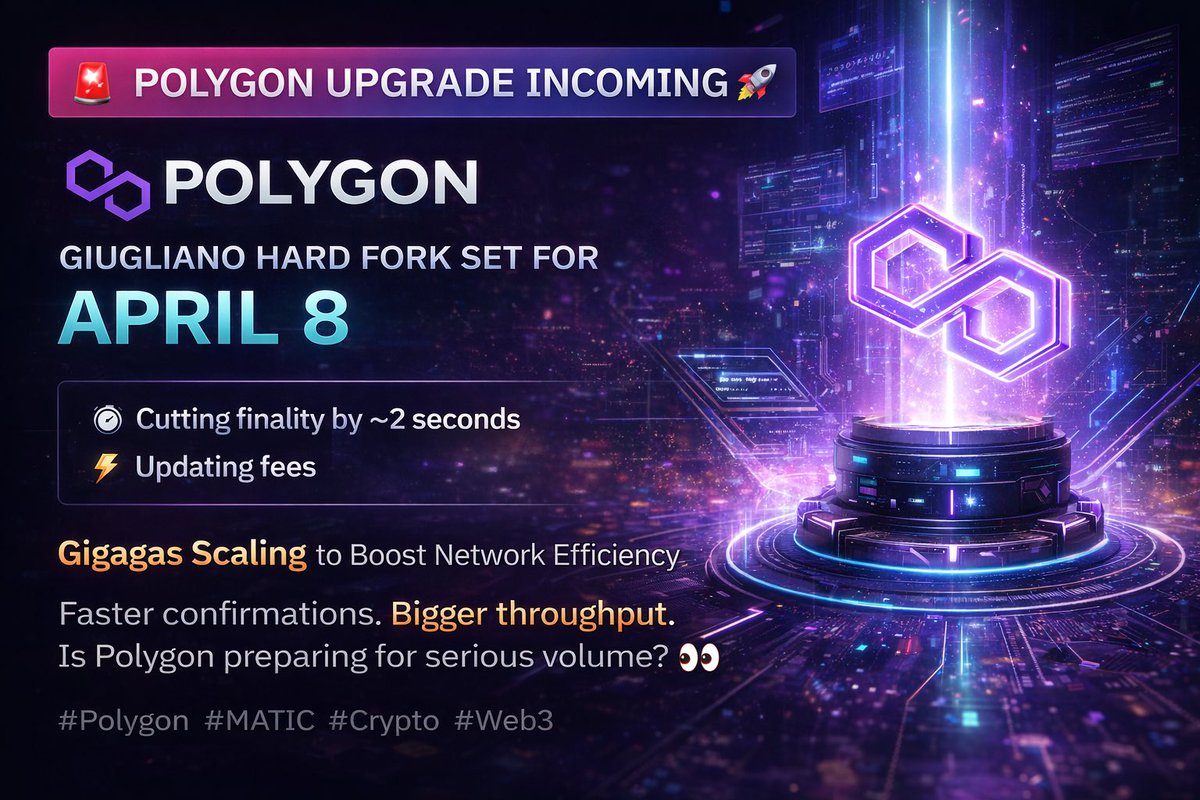 shoaibmohandis's tweet image. 🚨 POLYGON UPGRADE ALERT 🚀

Polygon’s Giugliano hard fork is set to go live April 8 — aiming to speed up transaction finality (~2s faster) and update fee settings as part of the Gigagas scaling push. 👀

Faster, smoother Polygon ahead? ⚡

#Polygon #MATIC #Crypto #HardFork #Web3