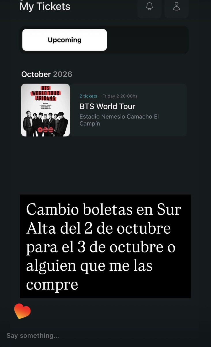 Manutfw's tweet photo. #BTS #arirang #BTS_ARİRANG #btscolombia #btsencolombia Vendo boletas para el Concierto de Arirang en Colombia https://t.co/jyi2HTOTDb
