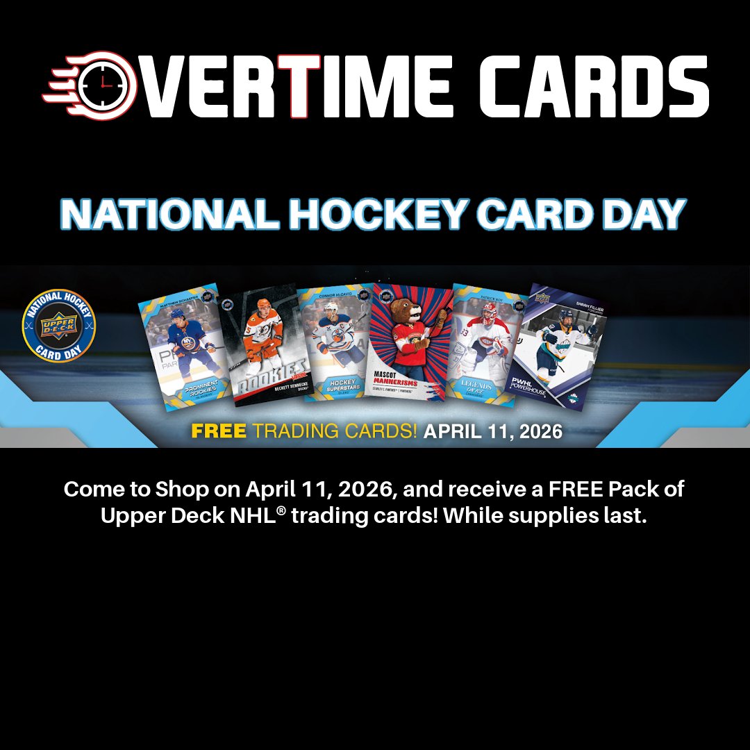 OvertimeCardsUT's tweet photo. We are celebrating National Hockey Card Day on April 11, 2026! 

🏒 Visit our Shops, Sandy and Spanish Fork and receive a free Upper Deck NHL trading card pack! 

#NHCD @upperdecksports https://t.co/bDLPpMnYuW
