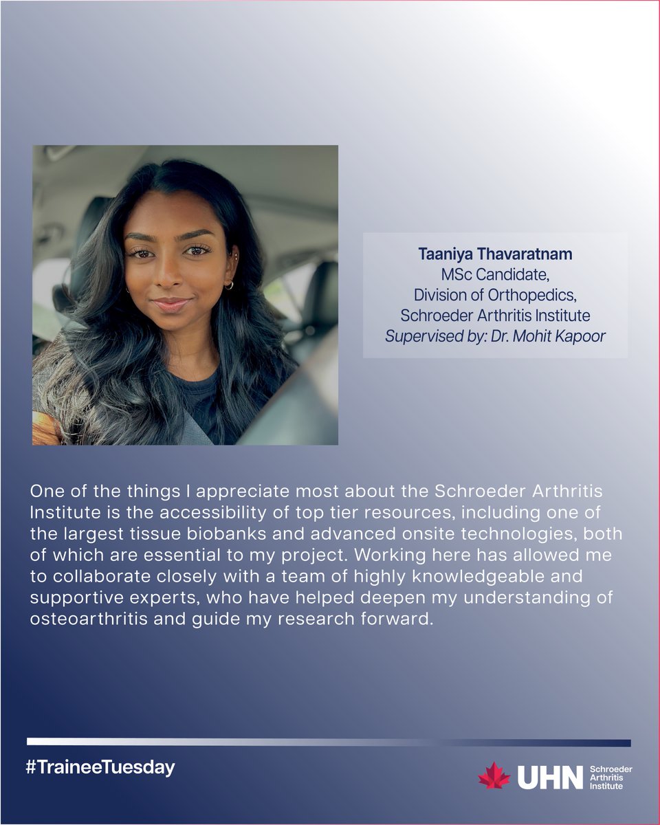 SchroederInst's tweet photo. It's #TraineeTuesday! Meet Taaniya Thavaratnam, MSc Student within the Division of #Orthopedics
@SchroederInst, supervised by Dr. Mohit Kapoor.
"Working here has allowed me to collaborate closely with a team of highly knowledgeable and supportive experts." https://t.co/5darAm52Yr