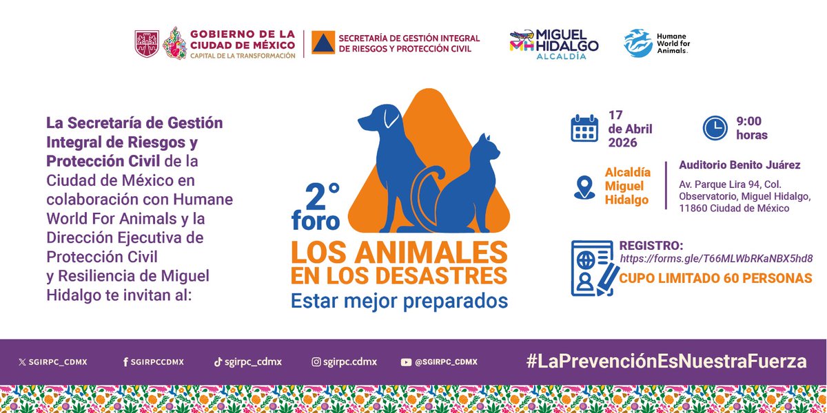 SGIRPC_CDMX's tweet photo. 🦺🐶🐱 Participa en el 2° Foro "Los Animales en los Desastres. Estar mejor preparados", que se llevará a cabo el 17 de abril de 2026, en el Auditorio Benito Juárez, @AlcaldiaMHmx.

La @SGIRPC_CDMX, en colaboración con @humaneworldorg y la Dirección Ejecutiva de Protección Civil y Resiliencia de la @AlcaldiaMHmx, te invitan al 2° Foro "Los Animales en los Desastres. Estar mejor preparados", el cual tiene como objetivo fomentar la reflexión y el intercambio de experiencias sobre la atención, protección y bienestar de los #animales durante situaciones de #emergencia o #desastre.

Más información y registro en:

🔗 https://t.co/I2kiDfVqiS

¡Te esperamos! Cupo limitado.

En #LaCapitalDeLaTransformación, #LaPrevenciónEsNuestraFuerza