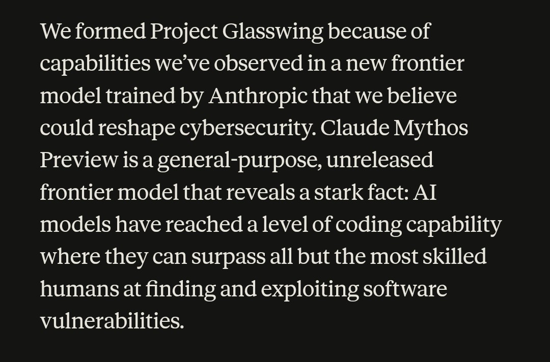 AndrewCurran_'s tweet image. 'We formed Project Glasswing because of capabilities we've observed in a new frontier model trained by Anthropic that we believe could reshape cybersecurity. Claude Mythos Preview'

Sometimes, memes do come true.