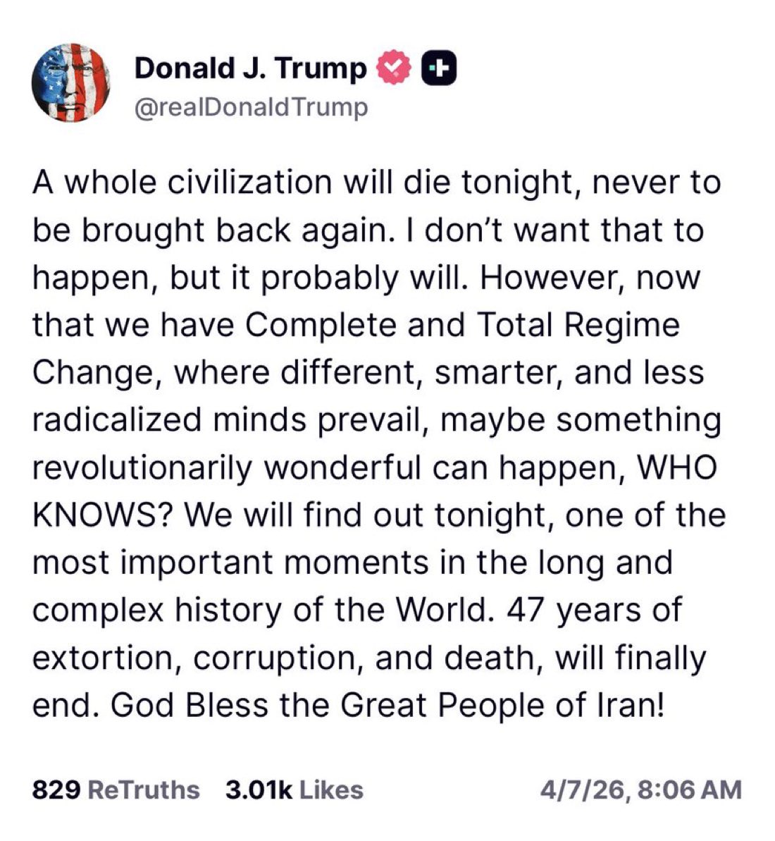 AudreyLinholm's tweet photo. “A whole civilization will die tonight” but also “God bless the great people of Iran”… which is it? Congress, might be time to call an emergency session. https://t.co/naL6qcvgnq
